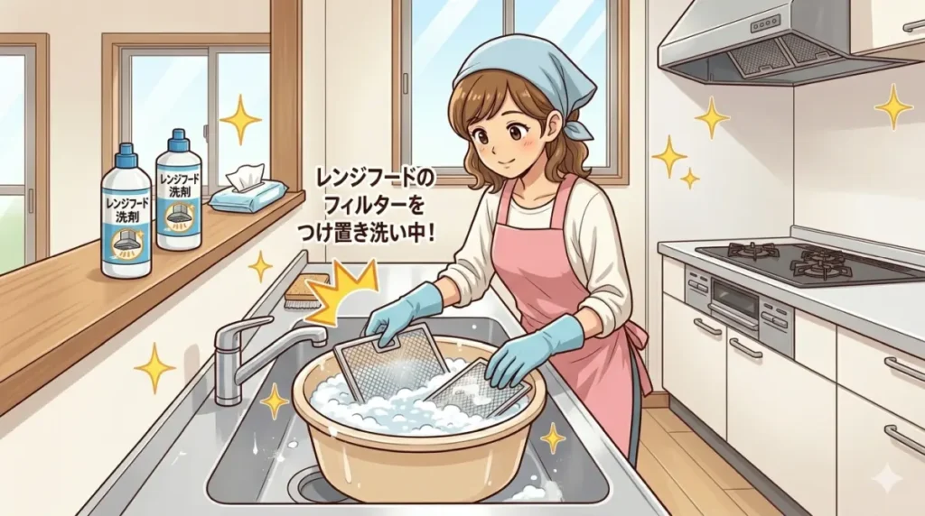 レンジフードのフィルターをつけ置き洗い